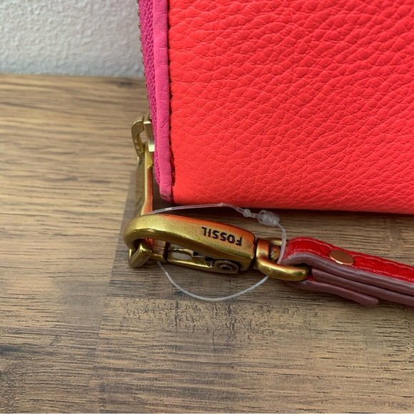 Fossil Emma Google Eye Clutch Leather Hot Pink Zip Wristlet Bag Wallet - Picture 3 of 8